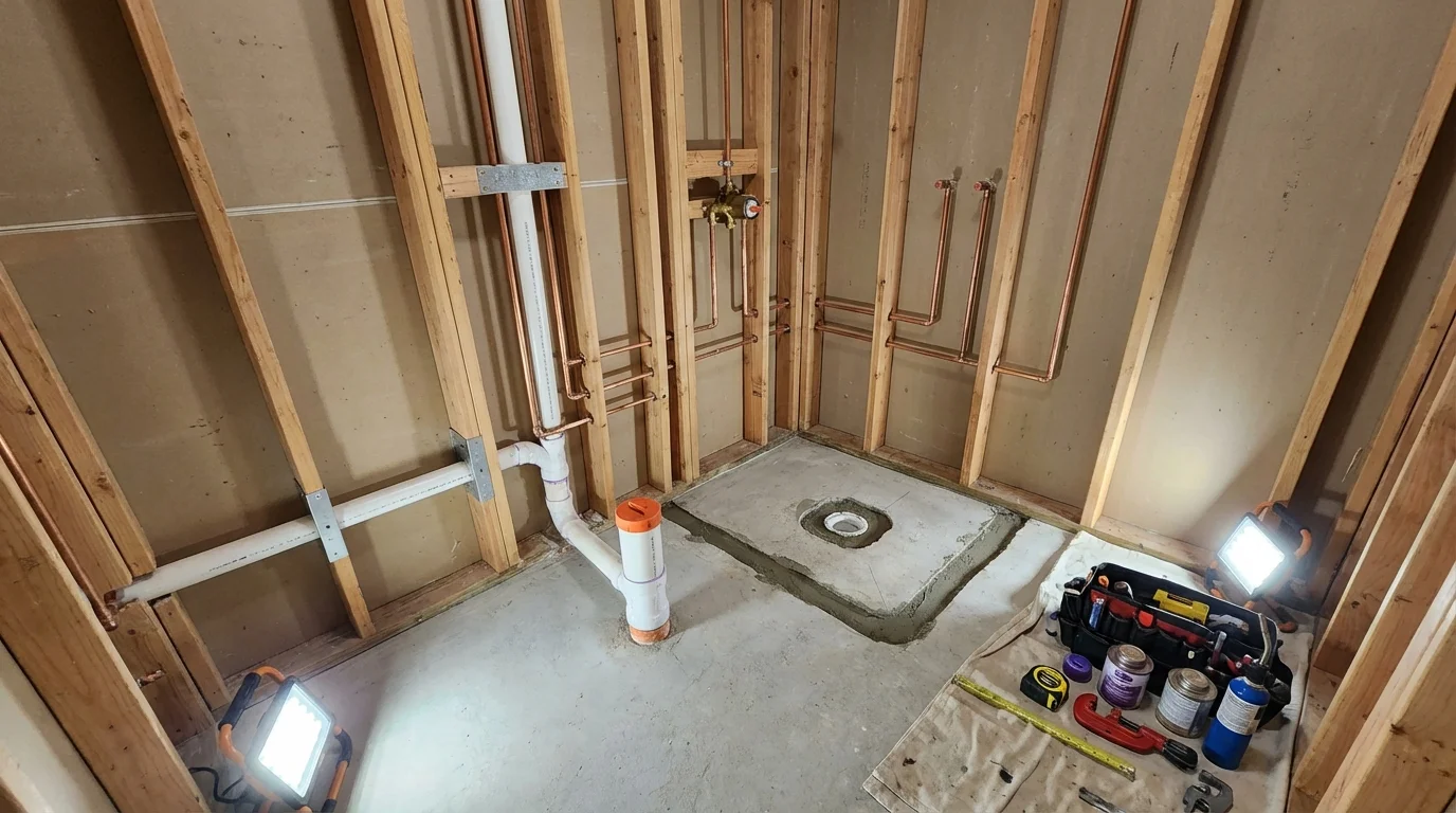Bathroom rough-in plumbing during remodel by Johns Plumbing LLC in Edgartown