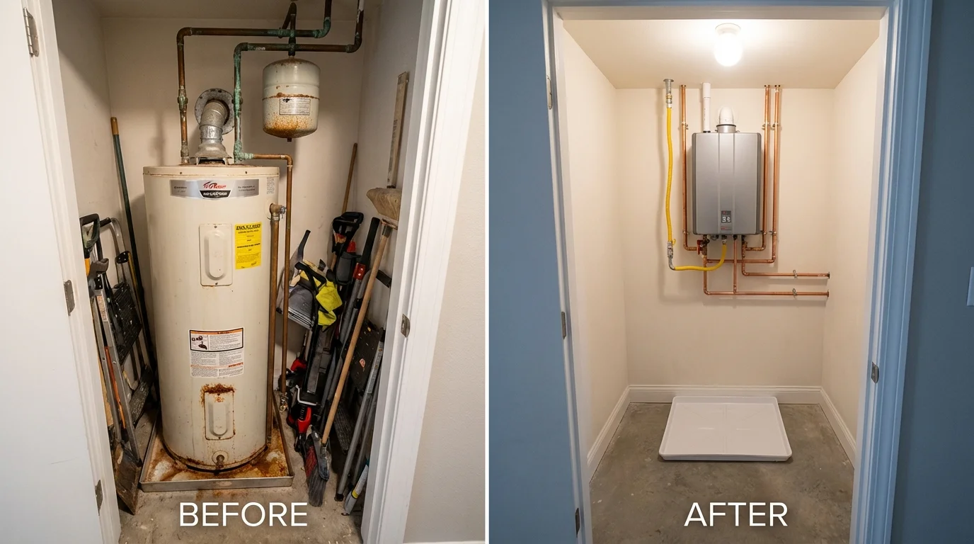 Tank water heater versus wall-mounted tankless unit comparison for Edgartown, MA homeowners
