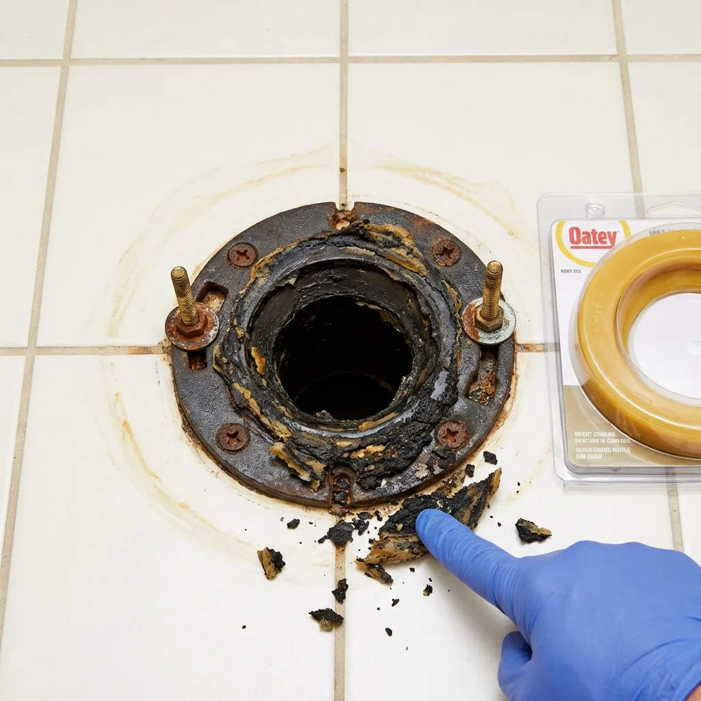 Failed wax ring showing water seepage at the base of a toilet in a Edgartown, MA home