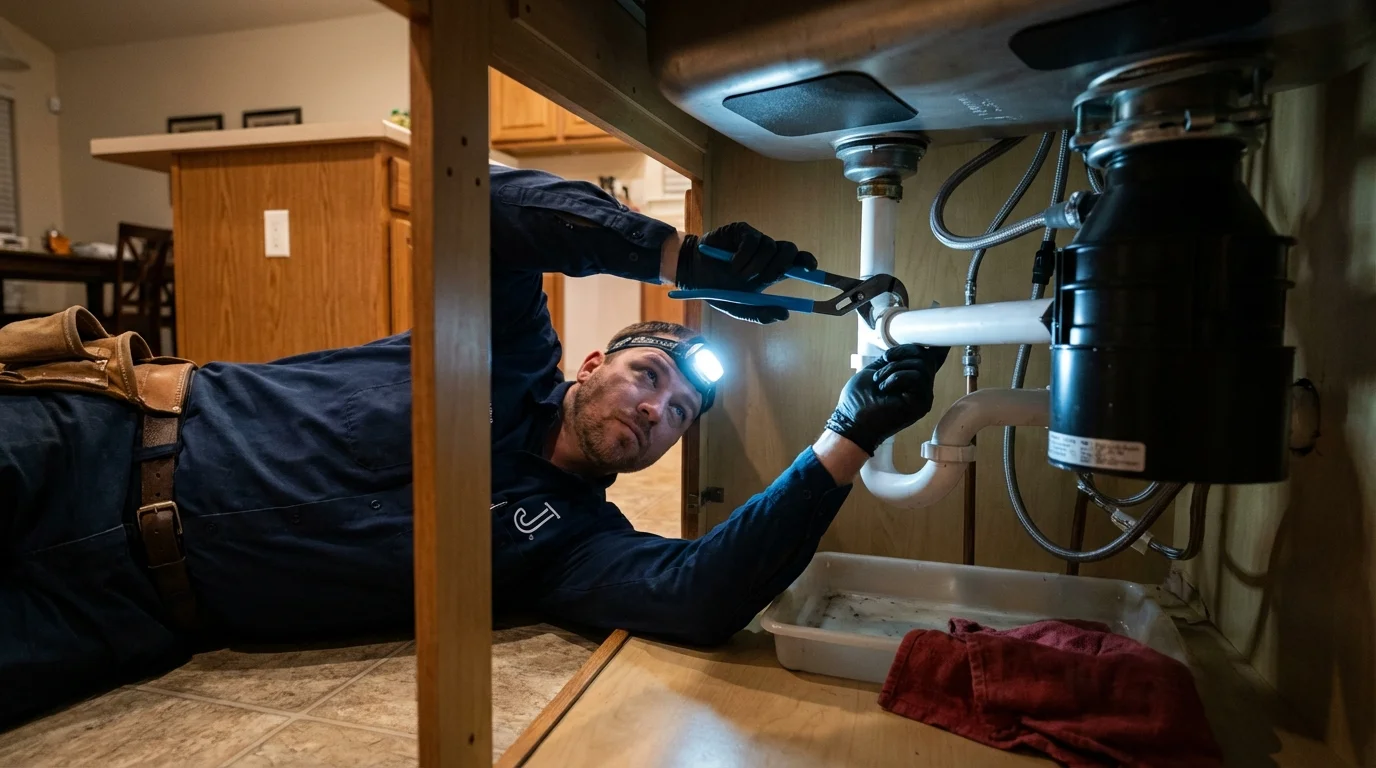 P-trap and supply line connections under a kitchen sink showing a common leak point in Edgartown, MA